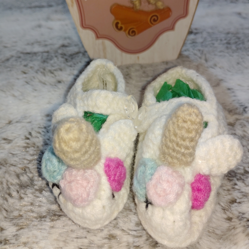 Crochet Unicorn Booties Flowers White Button clasp